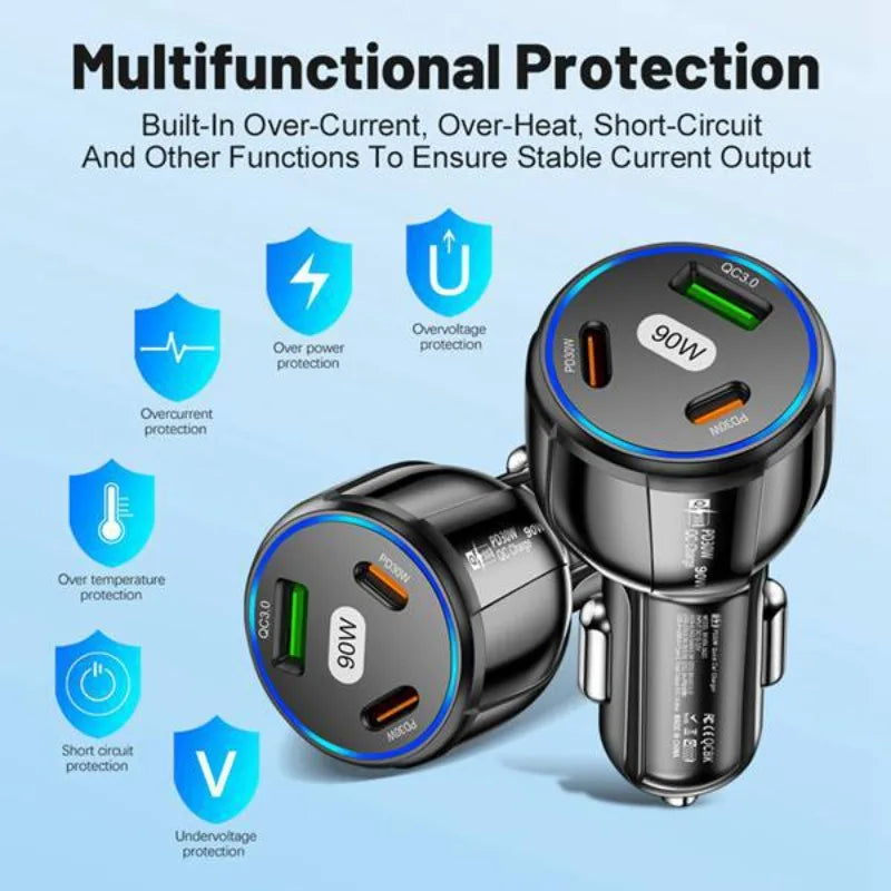 90W 3 Port Car Charger Super Fast Charger QC3.0 PD30W PPS High-Power Cigarette Lighter Fast Charger for iPhone/Huawei/Samsung