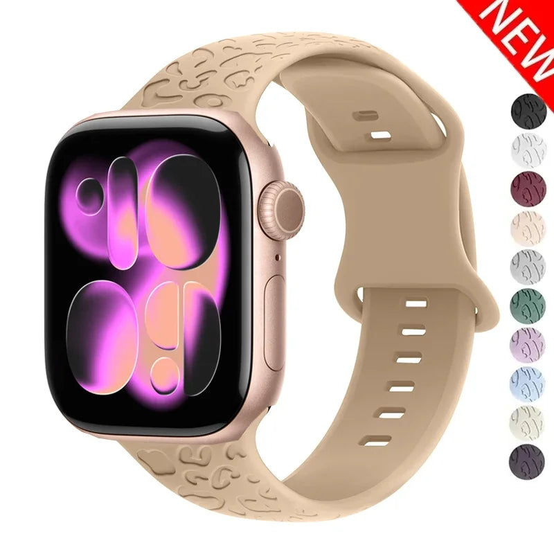 Engraved Strap For Apple Watch Band ultra 49mm 41mm-44-42mm 46mm Sport Silicone Leopard bracelet iWatch Series 11 10 9 8 7 se 6