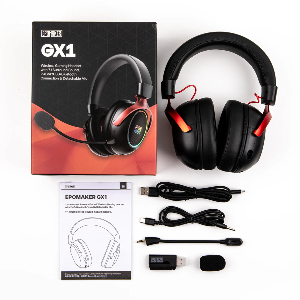 EPOMAKER GX1 Tri-mode Wireless Gaming Headset with 7.1 Surround Sound & ENC Noise Canceling Mic for PS4/PS5/Switch/PC/Mac/FPS