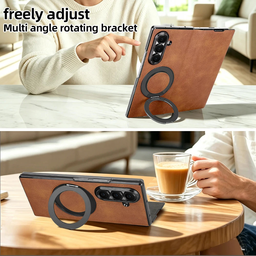 Magnetic Plain PU Leather Flip Phone Case With 360° Rotatable Ring Kickstand Holder for Samsung For Galaxy Z Fold 8 Ultra 7/6