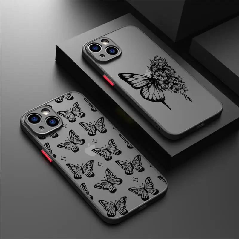 Butterfly Printed Case for Apple iPhone 15 11 14 13 12 Pro 7 XR X XS Max 8 Plus 6 6S SE 2022 15Pro Black Matte Phone Funda