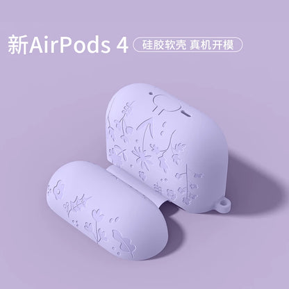 For AirPods 4th Generation Case with Cleaner Kit/Keychain Flower Engraved Silicone Shockproof Cover for 2024 AirPods 4 Case New