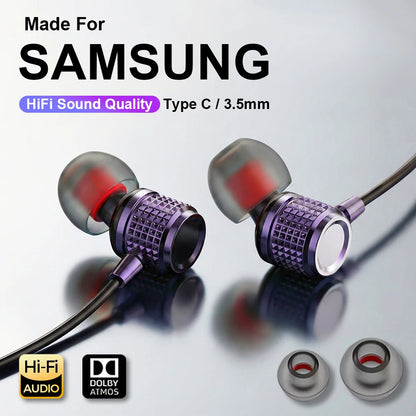 USB Type C Earphones HiFi Heavy Bass Earbuds Metal In Ear Noise Reduction 3.5MM Wired Headphones For Samsung S25 24 Z Fold7 Flip
