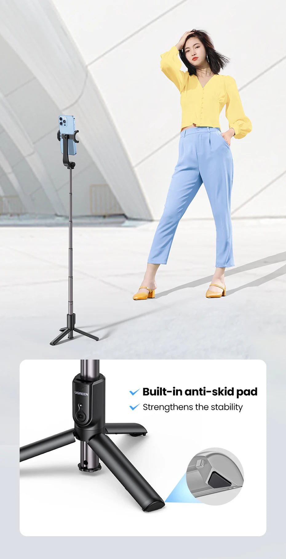 【New-in Sale】UGREEN Bluetooth Selfie Stick Tripod Stand 750mm Extended 10m Bluetooth Remote Shutter Universal For IOS Android
