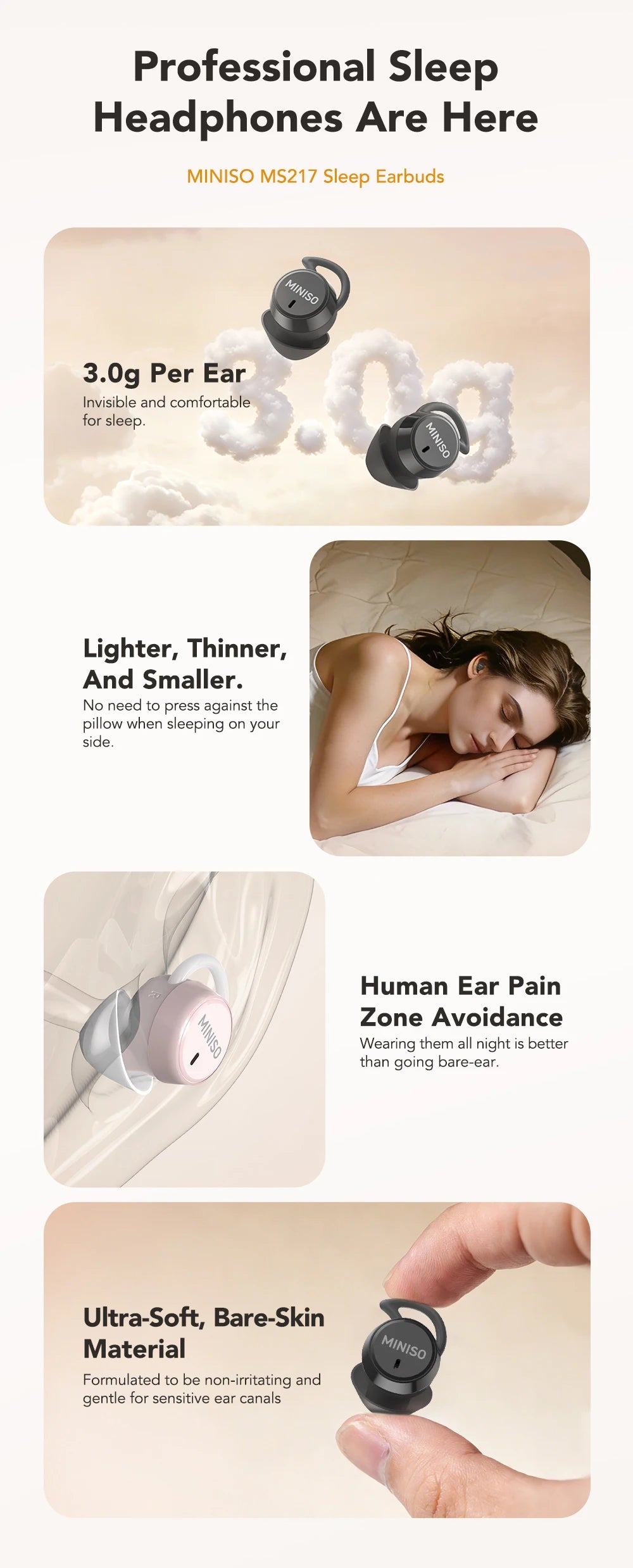 MINISO MS217 Sleep Aid Headphones Bluetooth Earphone AI Translation Earbuds In-Ear Wireless Headphones Sleep Friendly