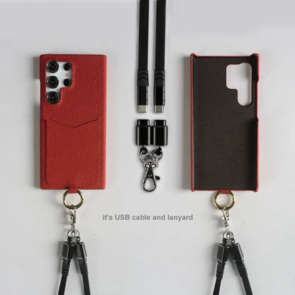 Multifunctional Charging Cable Lanyard Genuine Leather Case for IPhone 18 Pro Max 17Pro 16 15 14 13Pro Crossbody Strap Card Slot