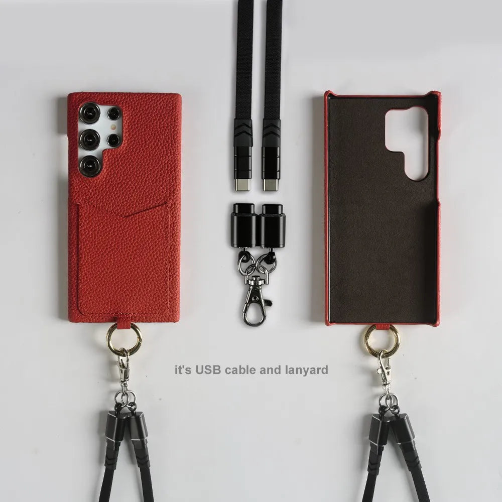 Multifunctional Charging Cable Lanyard Genuine Leather Case for IPhone 18 Pro Max 17Pro 16 15 14 13Pro Crossbody Strap Card Slot