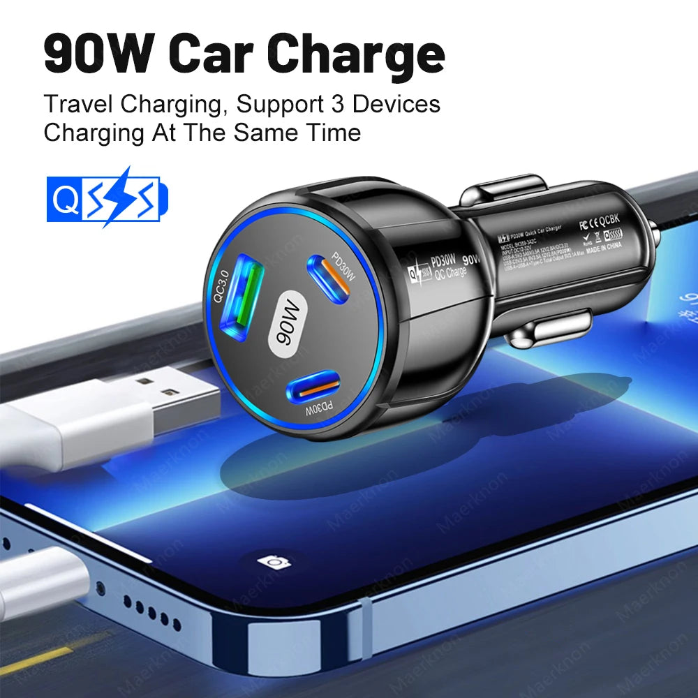 90W USB Car Charger 3 Port PD Type C Fast Charging Car Phone Adapter For iPhone 14 13 Xiaomi Samsung Quick Charge Charger In Car