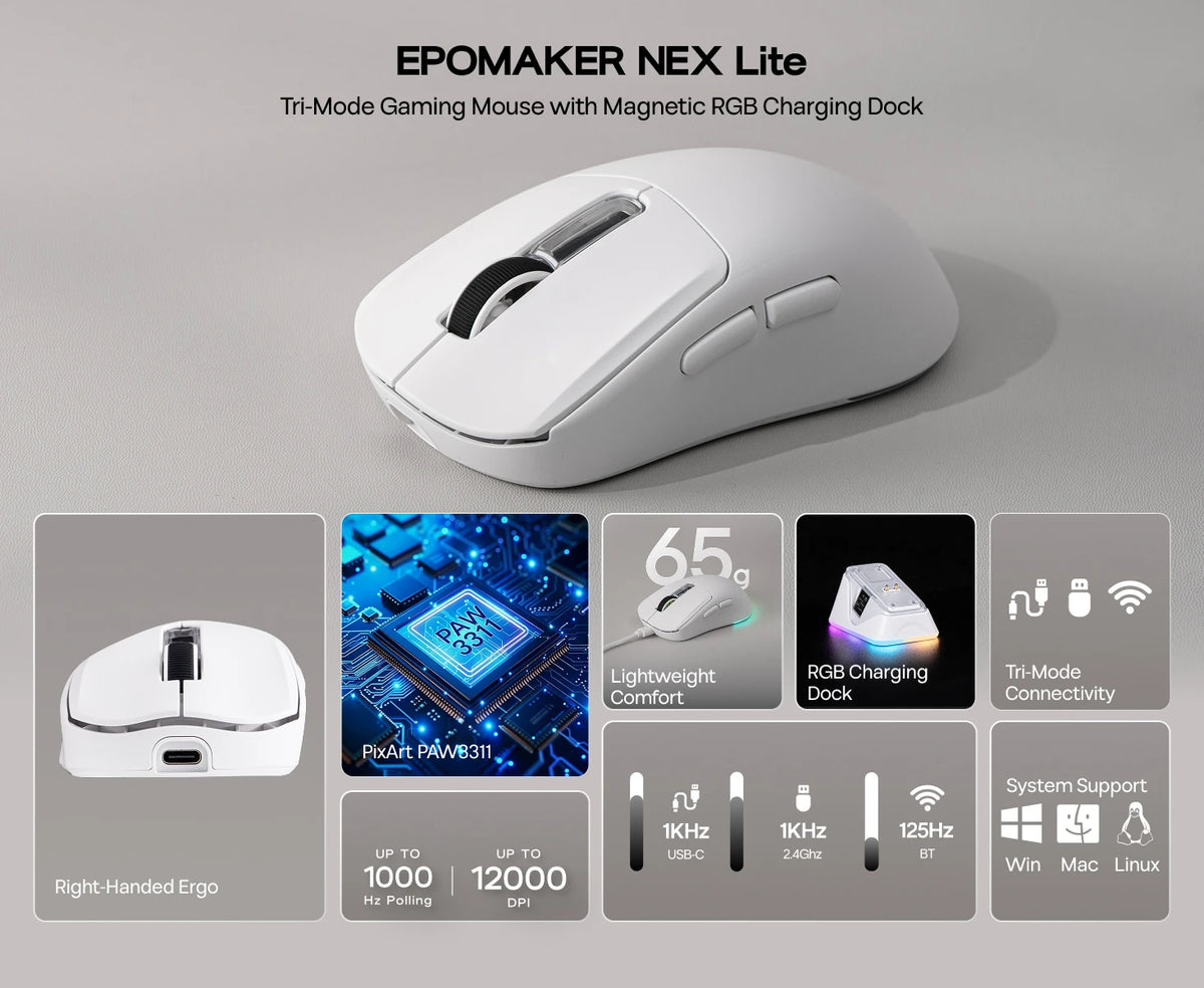 EPOMAKER NEX Lite Tri-mode Wireless PAW3311 Sensor Gaming Mouse with RGB Charging Dock & 1K Polling/12K DPI for Gaming & Office