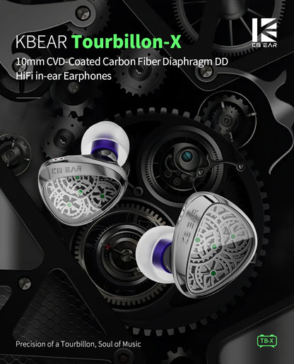 KBEAR TBX Tourbillon X IEMS In-Earphone Wired Headphones 10mm CVD-Coated Carbon Fiber Diaphragm Deep Bass Gaming Headset