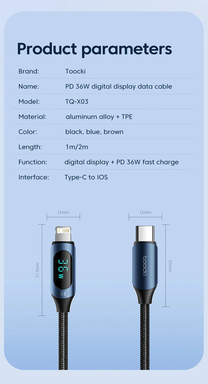 Toocki USB C Lighting Cable For iPhone 14 13 12 Pro Max X Xr 8 7 Plus PD 20W Fast Charger Lighting Data Wire Cord For iPad 1m
