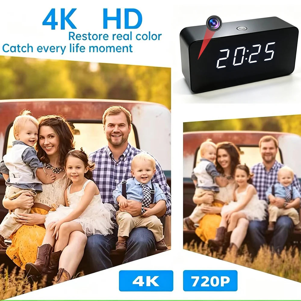 4K New mini WiFi Clock Camera, Supports Infrared Night Vision, Motion Detection, Remote Viewing, LED Lights Can Be Turned off