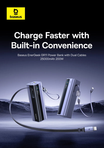 Baseus 200W 25000mAh Power Bank Dual Retractable USB-C Cables 4-Device Fast Charge Portable External Battery Charger For Laptop