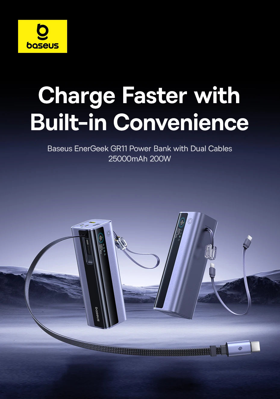 Baseus 200W 25000mAh Power Bank Dual Retractable USB-C Cables 4-Device Fast Charge Portable External Battery Charger For Laptop