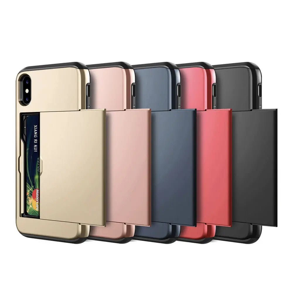 Armor Slide Card Case For iPhone 16 15 14 13 12 Pro 11 11Pro Max Card Slot Holder Cover 16 Pro Max X XS Max XR Fundas Capa