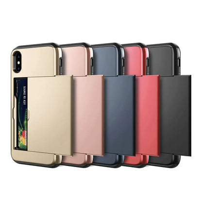 Armor Slide Card Case For iPhone 16 15 14 13 12 Pro 11 11Pro Max Card Slot Holder Cover 16 Pro Max X XS Max XR Fundas Capa