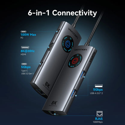 Vention 6 in 1 USB C 8K@30Hz HDMI HUB Smart Led Touch USB 3.0 Ethernet Adapter Docking Station for MacBook Lenovo HP iPad Laptop