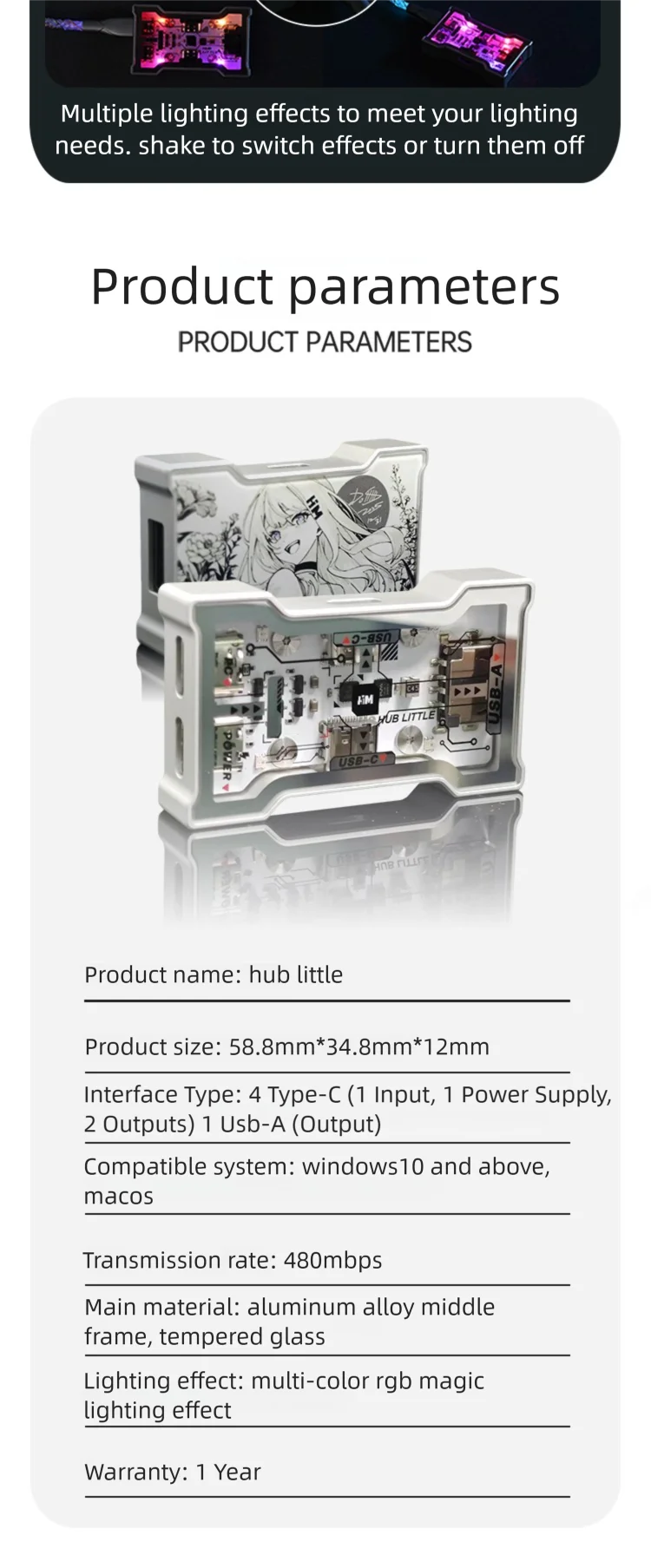 HMLAB Hub-little Gaming USB HUB 1 In 3 Out Portable Desktop Expansion Dock with Aluminum Frame & Double Glass Shell, HMHUB