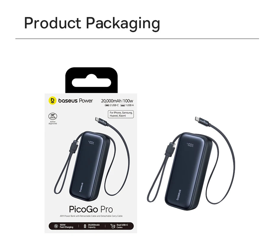 Baseus 100W 20000mAh Power Bank Retractable USB-C Cable for iPhone 18 Duo 17 Pro Max Samsung S26 Portable Charger for Laptop