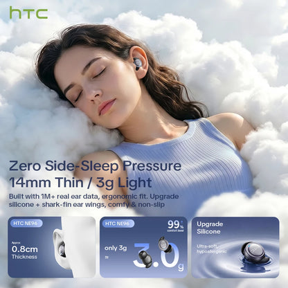 HTC NE96 Bluetooth 6.0 Wireless Earbuds Noise Cancelling Sleep Headphones 30H Battery Life Premium Acoustic Tuning Ultra-light