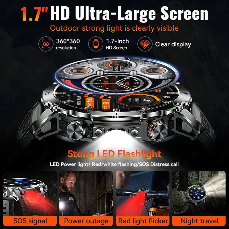 LIGE TANK Ultra 1400mAh Battery Military Smart Watch 10ATM Waterproof Heart Rate Flashlight Sports Bracelet Smartwatch Men Lady