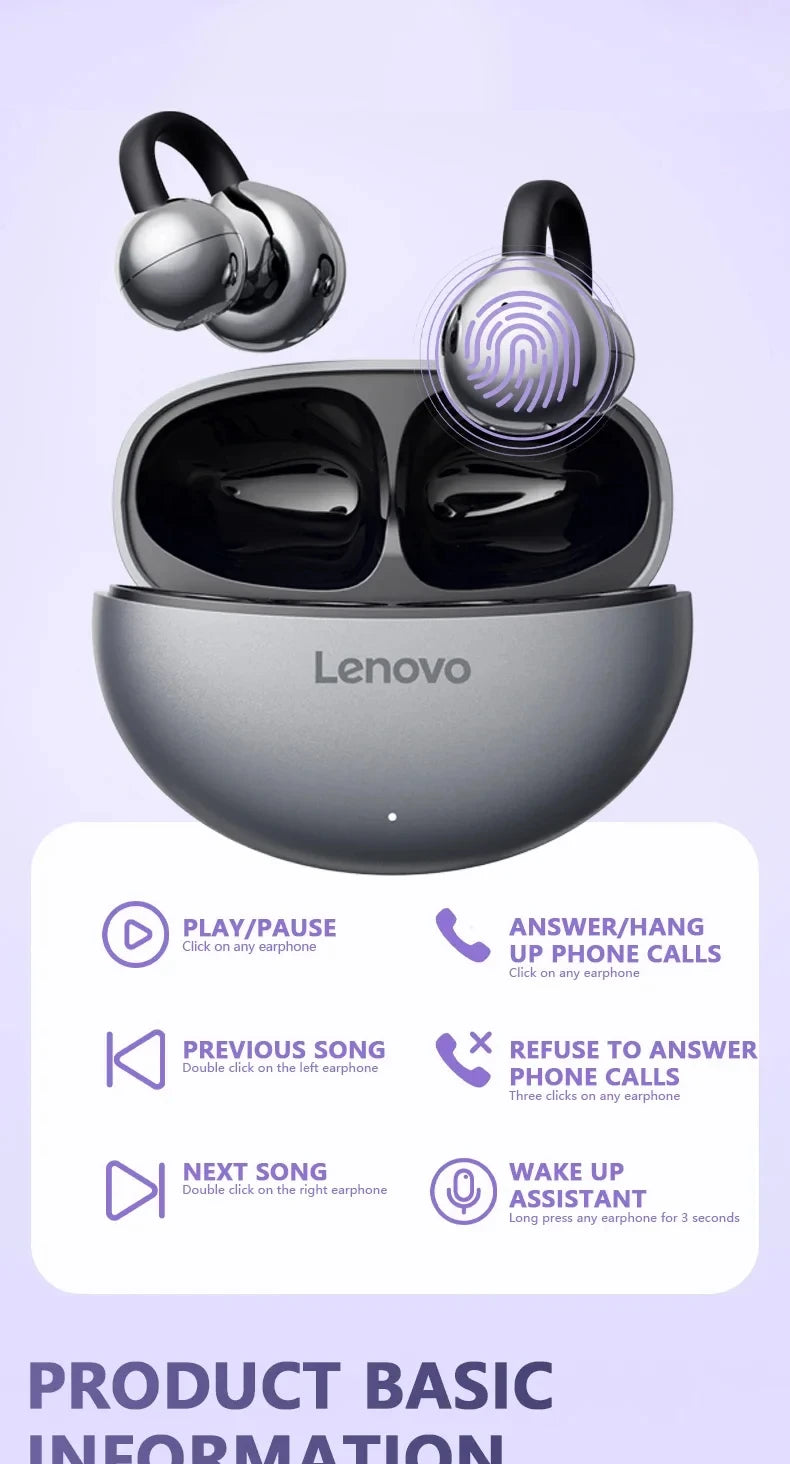 Lenovo TA410 Bluetooth Earbuds Wireless Headphones Ear Clip TWS Earphones Noise Cancelling Sports Gaming Headset for Android iOS