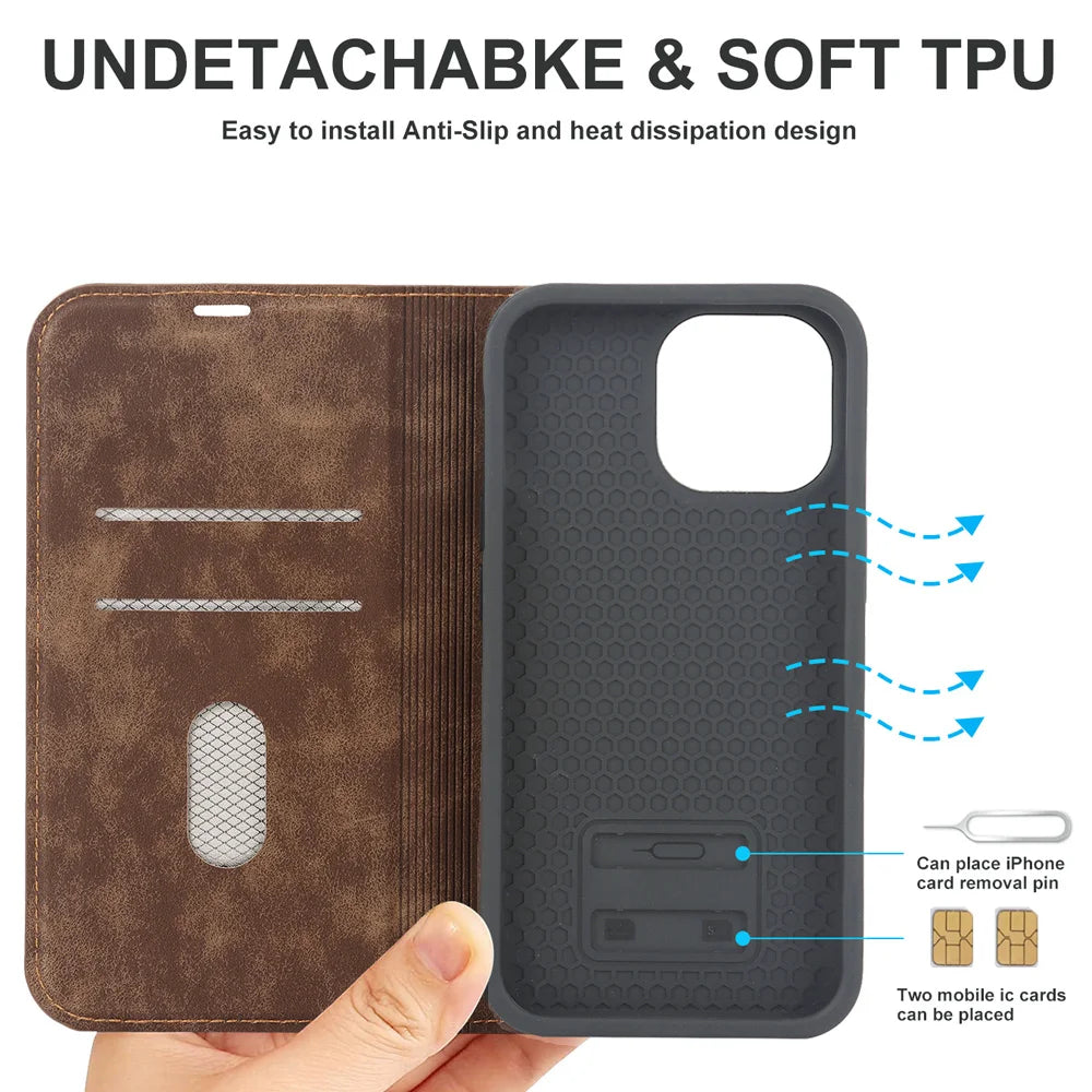 For Magsafe Wallet Leather Flip Case For iPhone 12 13 14 15 16 Pro Max mini Magnetic Wireless Charging Book Folio Cover