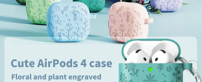 2025 New Flora Engraved Case for AirPods 4 Cover Shock-Proof Protective Silicone flower with Keychain for Apple Airpods 4 Case