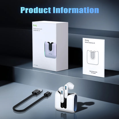 HTC Wireless Bluetooth Earphones Low Latency Gaming Headphones USB-C 30Hrs Playback Comfortable Earbuds With Noise Canceling Mic