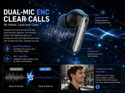 Monster Airstar A03 ANC Bluetooth 6.0 Earbuds Punchy Deep Bass Sports Headphones Active Noise Cancellation TWS Wireless Earphone