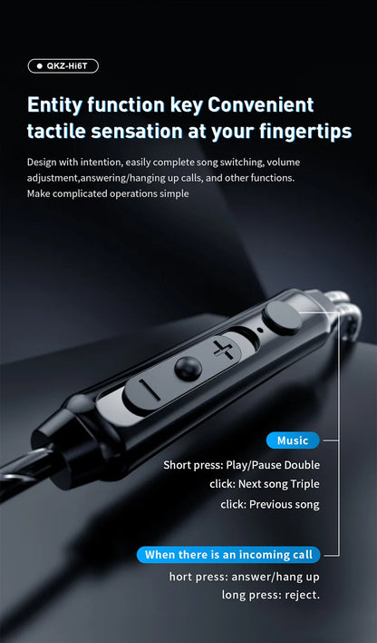 QKZ Hi6T In-Ear Headphones, Studio Monitors, Wired Bass Control, Mobile, Running, Live Streaming