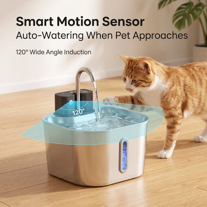 2L Wireless Smart Pet Fountain Stainless Steel Cat Dog Water Dispenser Motion Sensor Rechargeable Auto Drink Bowl( No 5V 1A Plug