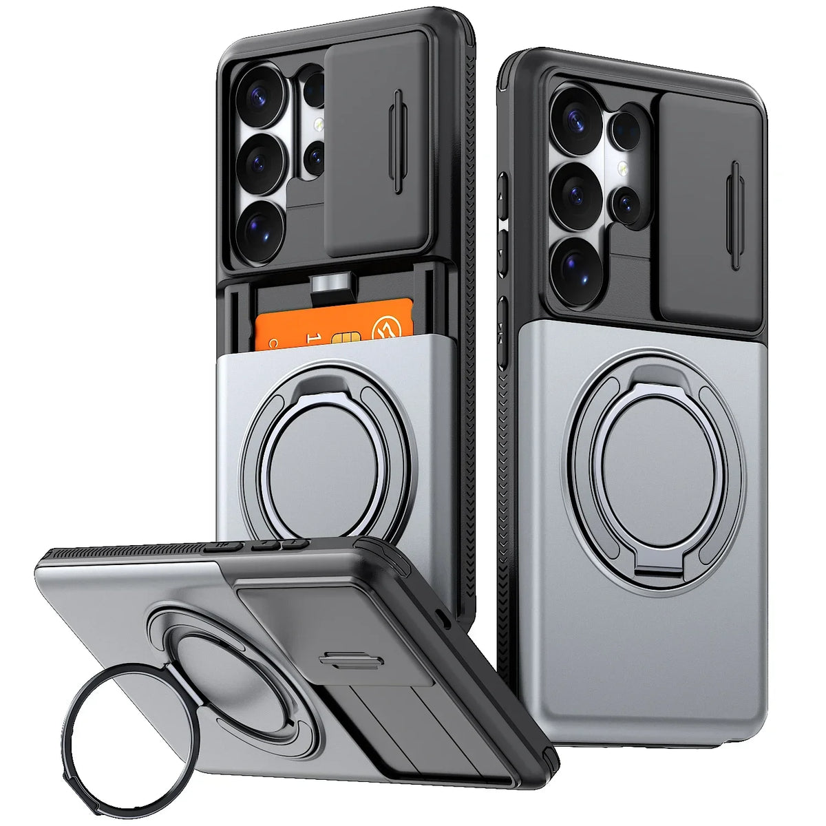 Armor Case For Samsung Galaxy S26 S25 S24 Ultra FE + Plus S25FE S26FE 5G Slide Camera Protect Ring Holder With Card Cover Funda