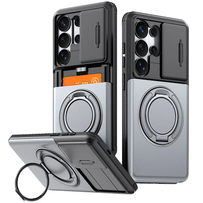 Armor Case For Samsung Galaxy S26 S25 S24 Ultra FE + Plus S25FE S26FE 5G Slide Camera Protect Ring Holder With Card Cover Funda