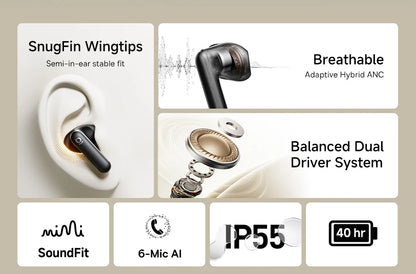 Baseus Bowie MS1 -55dB Adaptive ANC Earbuds Semi-In-Ear Wireless Bluetooth 6.0 Earphones Stable Fit Ear Hi-Res Audio Headphone