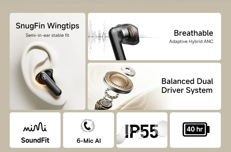 Baseus Bowie MS1 -55dB Adaptive ANC Earbuds Semi-In-Ear Wireless Bluetooth 6.0 Earphones Stable Fit Ear Hi-Res Audio Headphone