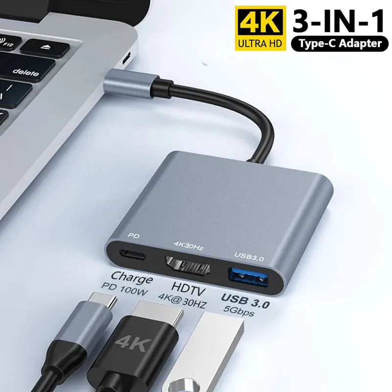 3-in-1 USB C Hub 100W Power Delivery USB 3.0 with 4K HDMI-Compatible for MacBook  Chromebook Steam Deck - Stable HUB Adapter