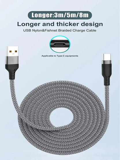 USB A to Type C Charging Extended Cable 6A Fast Charger Nylon Data Cable 1/3/5/8m For iPhone Samsung Type USB C Charging Device