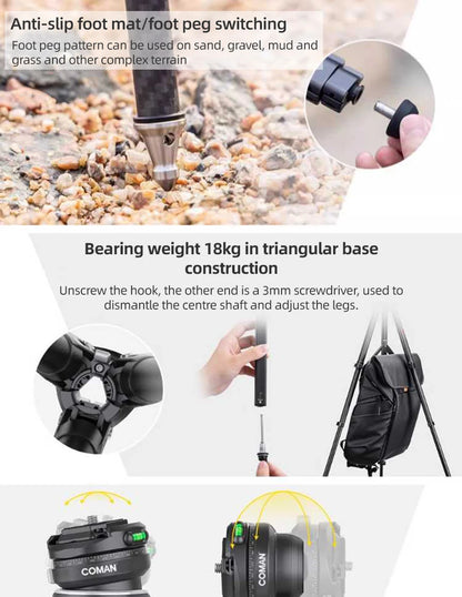 COMAN Zero F38 Carbon Fiber Tripod with Quick Release 360° Panoramic Ball Head for Nikon Canon DSLR Camera Travel Size