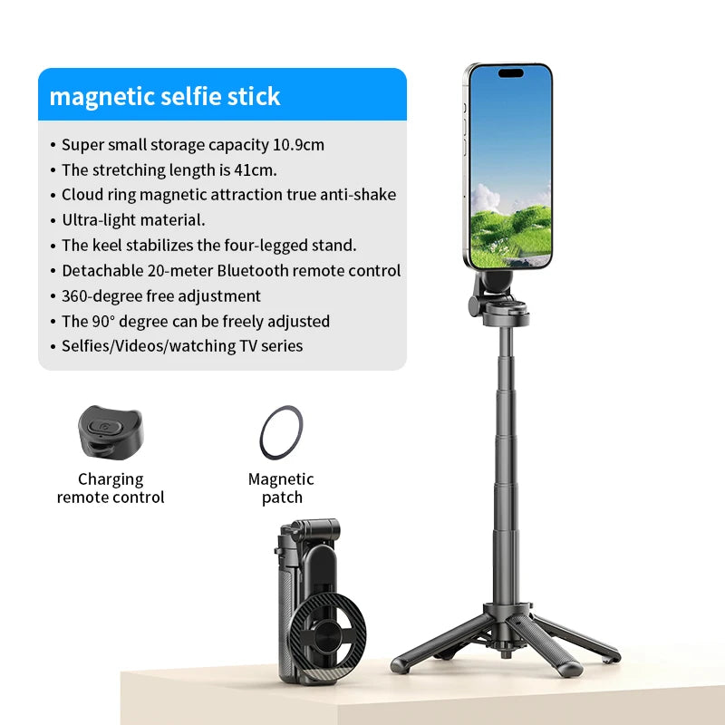 Upgraded Magnetic Phone Holder Pocket Selfie Stick 360° Rotation with Zoom Wireless Bluetooth Control for Smartphone Shooting