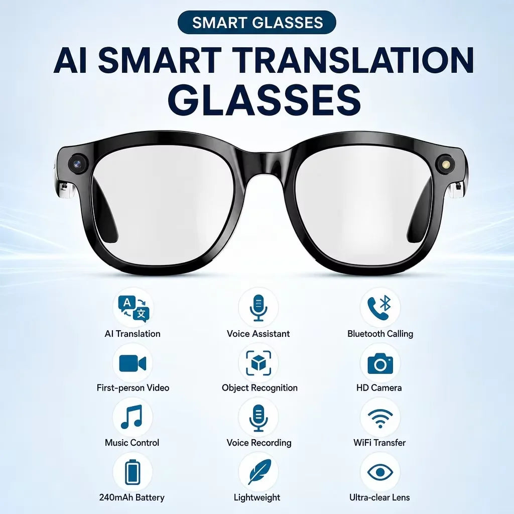 AI Smart Translation Glasses Real-time Translator Bluetooth 5.3 Calling HD Lens 240mAh Battery Lightweight Unisex