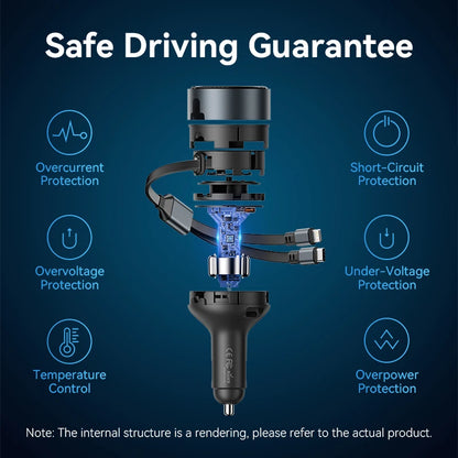 Vention 60W Retractable Car Charger 3 in 1 PD 30W QC 3.0 Fast Charging for iPhone 17 16 Samsung Tablet Cord Cigarette Adapter