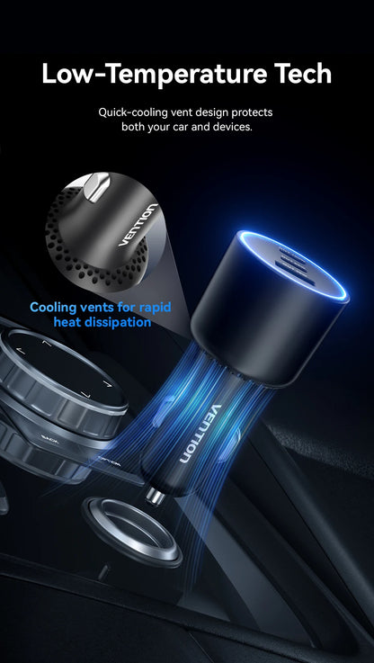 Vention 165W USB C Car Charger 3-Ports PD QC 4.0 45W For Samsung S25 iPhone 17 16 Macbook 100W Fast Charging Adapter With LED