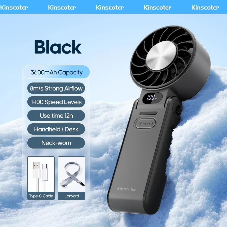 KINSCOTER Outdoor Foldable Portable Handheld Fan Mini Cooling Rechargeable 3600mAh 100-level Free Control High Speed Turbo Fan