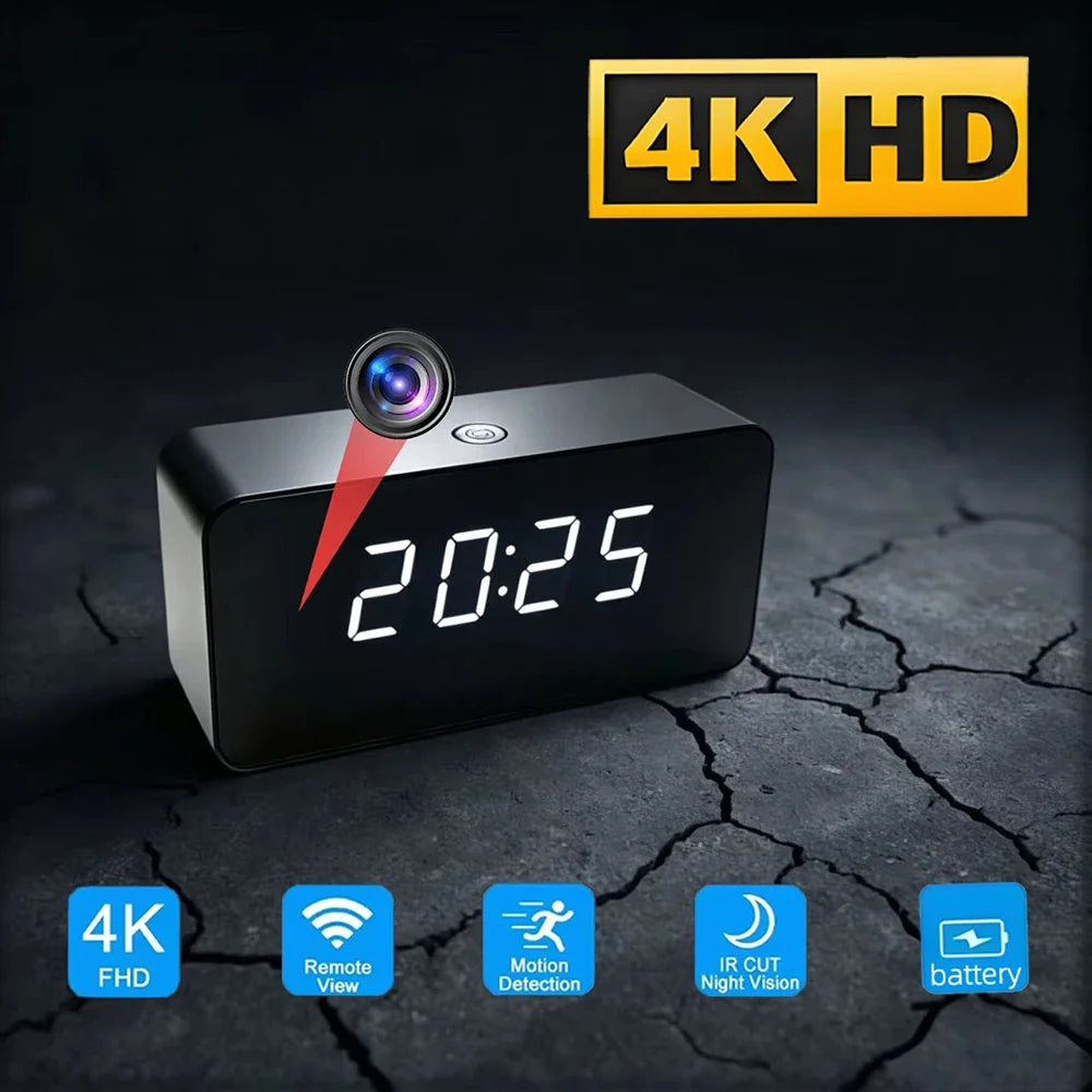 4K New mini WiFi Clock Camera, Supports Infrared Night Vision, Motion Detection, Remote Viewing, LED Lights Can Be Turned off