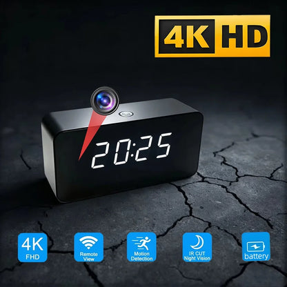 4K New mini WiFi Clock Camera, Supports Infrared Night Vision, Motion Detection, Remote Viewing, LED Lights Can Be Turned off