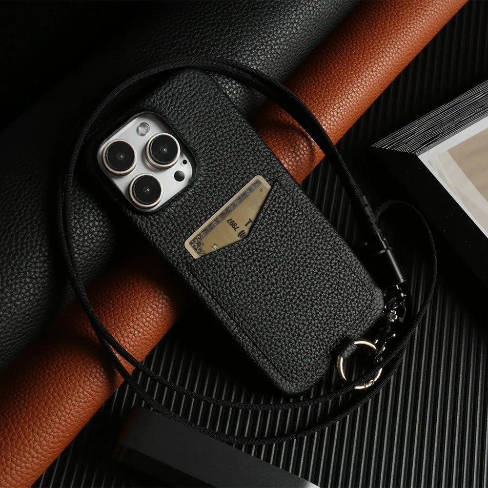 Multifunctional Charging Cable Lanyard Genuine Leather Case for IPhone 18 Pro Max 17Pro 16 15 14 13Pro Crossbody Strap Card Slot