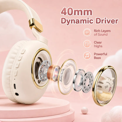Kids Wireless Headphones with RGB light, 20H Battery Life, Transparent Capsule Cartoon Design, Bluetooth 5.3 Foldable Headset