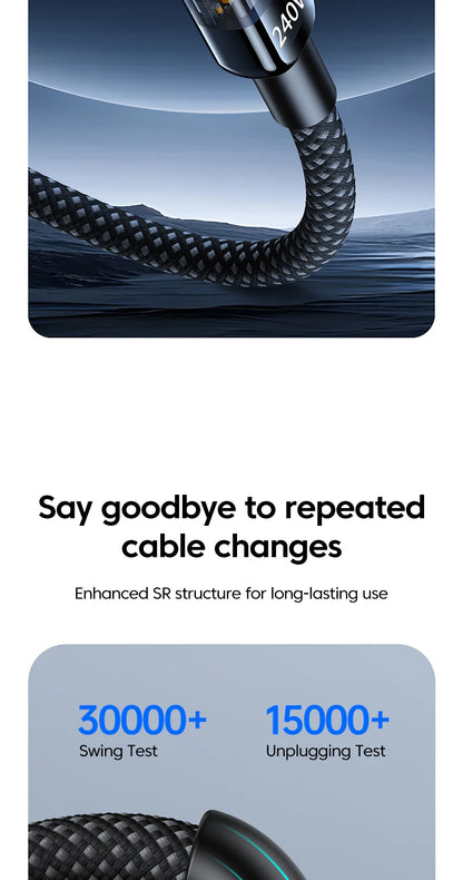 USB C Quick Charging Cable 240W  Braided Transparent Type C High-speed Charger Wire for 16/17 for Samsung Huawei Mi Data Line