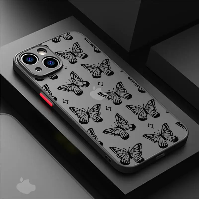 Butterfly Printed Case for Apple iPhone 15 11 14 13 12 Pro 7 XR X XS Max 8 Plus 6 6S SE 2022 15Pro Black Matte Phone Funda